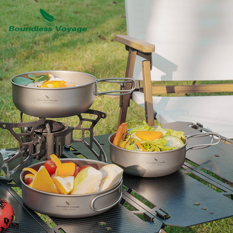 Camping Cooking Pots And Pans Set - Boundless Voyage Tytanowy Zestaw Naczyń Kempingowych